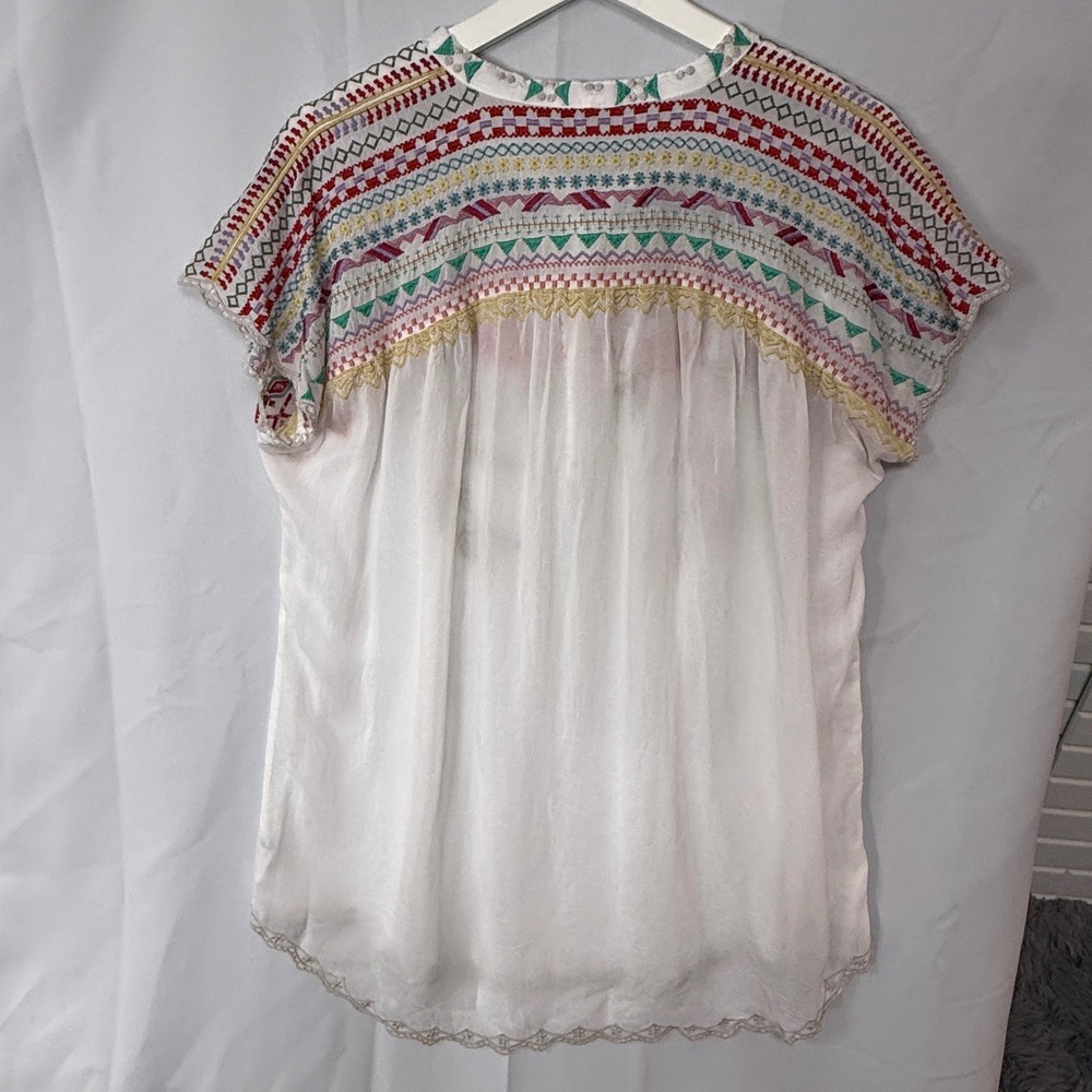 Johnny Was Womens Embroidered Silk Blouse White Boho Floral Split Neck Top L - Picture 3 of 11